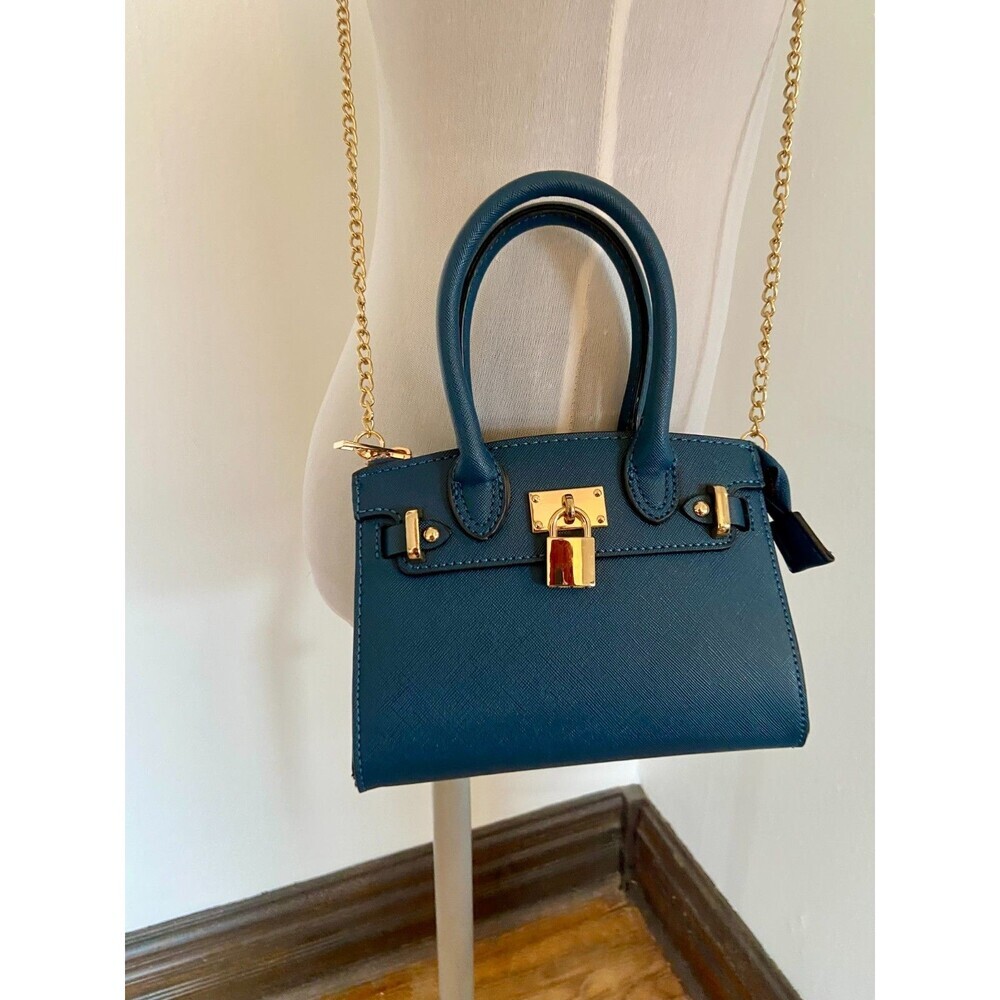 Vegan Leather Blue Crossbody Chain Mini Bag Purse Gold Lock Designer New Strap - Picture 3 of 9